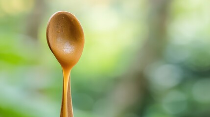apiary. Golden honey dripping from wooden spoon, blurred natural background. menu design, packaging mockups, designed for food delivery and cloud-kitchen brand materials, used by photographers.