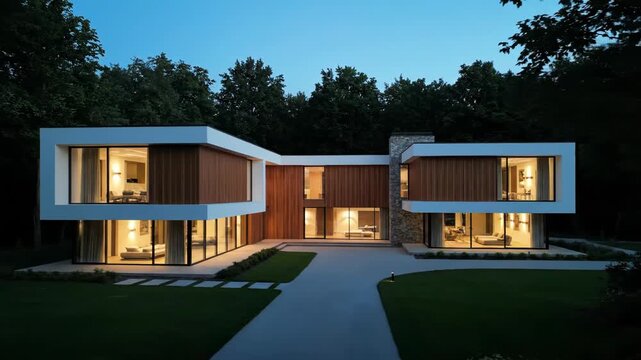 Illuminated modern luxury house at dusk with large windows and surrounding trees