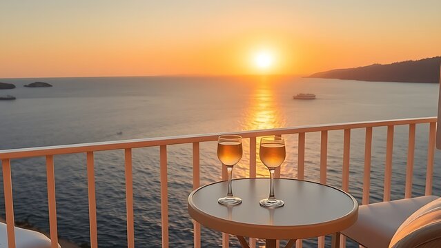 ouzo. Aegean Sea balcony at sunset with ouzo glass reflecting the golden hour light. inspiring travel planning, bar promotions, designed for food & beverage menus and cafe branding.