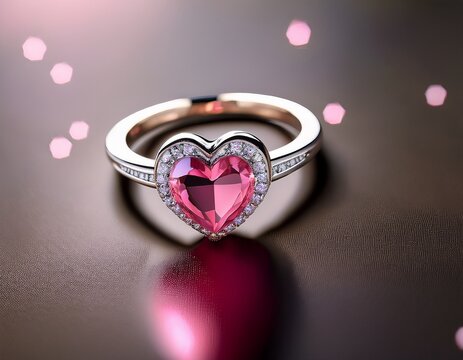 a heart shaped ring with a pink gemstone and surrounding diamonds designed for elegance