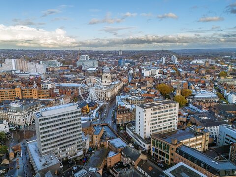 Aerial view of downtown district of Nottingham, England. Nottingham is a city and unitary authority area in Nottinghamshire, East Midlands. 