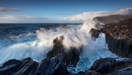 ocean waves crashing onto rocky shore