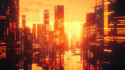 Futuristic city skyline glowing at sunset with digital data lines