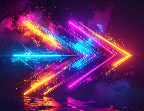 A vibrant neon arrow points right, composed of layered light streaks. Colored in vivid pink, blue, and yellow against a dark backdrop