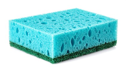 Close-up of a blue and green kitchen cleaning tool isolated on white