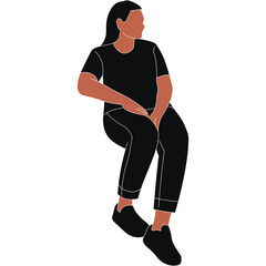 Woman Sitting Down Wearing Black T Shirt and Black Pants with Black Shoes on Transparent Background