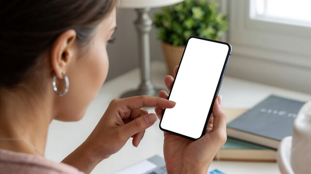 Young woman holding a cell phone with a blank screen while touching her finger at home.
