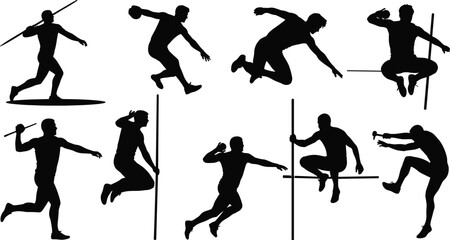 Silhouettes of athletes performing track and field events athletics sports
