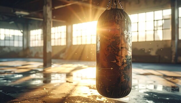 Close-up of a worn-out punching bag with sweat stains and frayed edges, sunlight filtering through gym windows creating a realistic gritty textur