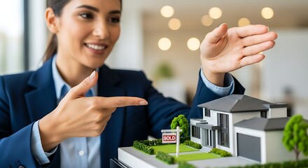 Smiling Female Real Estate Agent Presenting Scale Model House for Sale or Investment