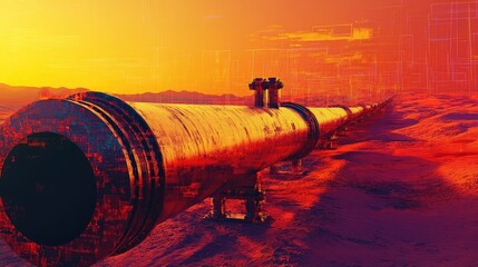 Industrial pipeline crossing dystopian desert landscape with data lines