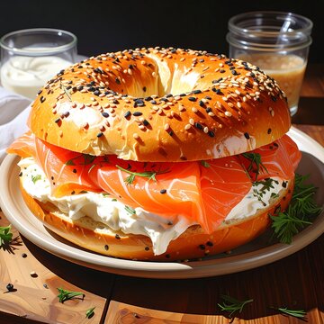 Close-up of a bagel sandwich with salmon and cream cheese