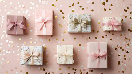 Flat Lay of Wrapped Gift Boxes with Ribbon and Confetti