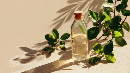 Glass Water Bottle with Green Leaves on Beige Surface
