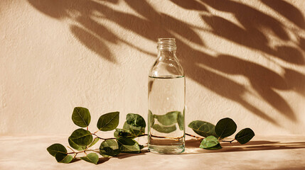 Glass Water Bottle with Green Leaves on Beige Surface