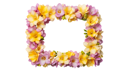 Floral Frame of Freesia Flowers with Yellow and Purple Blossoms