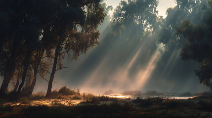Landscape with morning mist and sunlight rays through trees