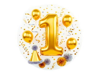 Golden number 1 balloon with party decorations isolated on transparent background