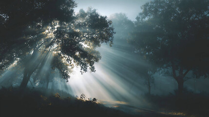 Landscape with morning mist and sunlight rays through trees