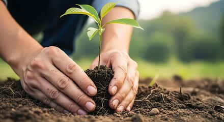Hands Gently Planting Young Seedling in Rich Soil for Growth and Ecology