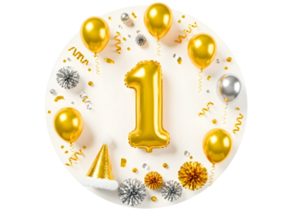 Golden number 1 balloon with party decorations isolated on transparent background