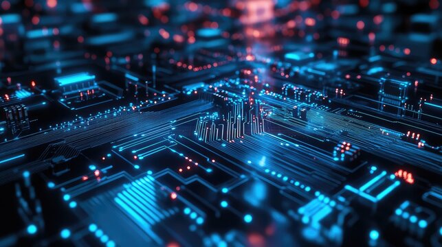 Digital circuit board processing data with glowing lines