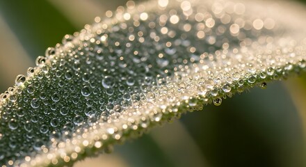 Macro Shot of Dew Drops on Vibrant Green Leaf Surface at Sunrise