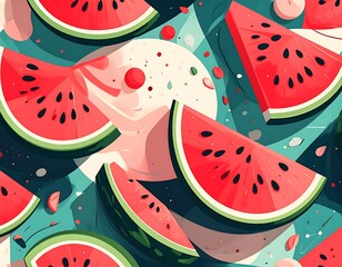 A vibrant, seamless pattern features stylized watermelon slices scattered against a colorful, abstract geometric background