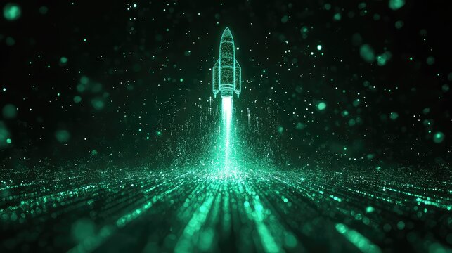 Digital rocket launching with glowing particles for startup growth
