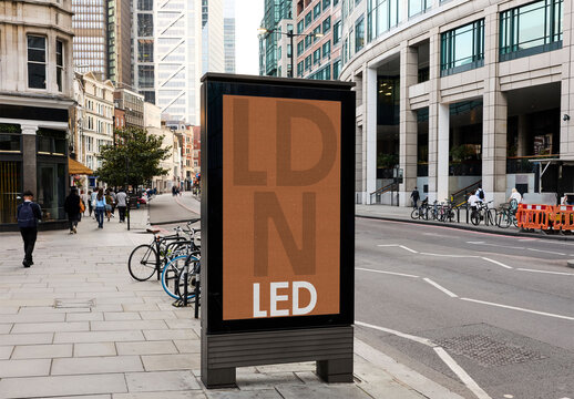 Mockup of LED Display in urban panel Stand in London. Digital Outdoor Advertising (DOOH)