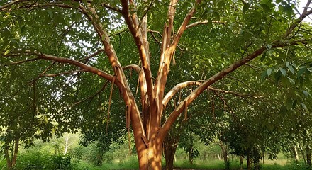 Vibrant Forest Canopy with Textured Spreading Tree Trunk in Sunlight