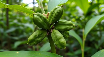 Vibrant Green Seed Pod Cluster Developing on a Tropical Foliage Plant