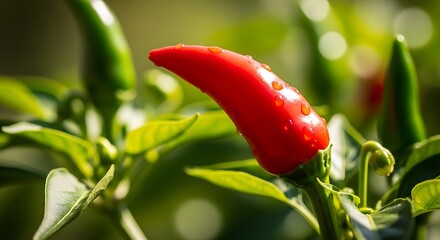 Vibrant Red Chili Pepper Ripening on a Bush with Water Droplets
