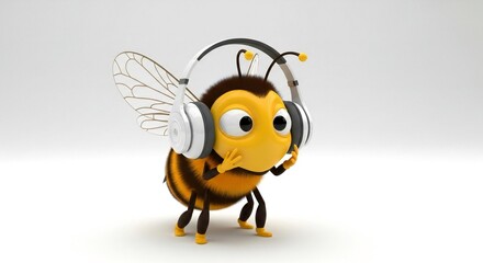 Macro Cartoon Honey Bee with Expressive Eyes Wearing White Headphones