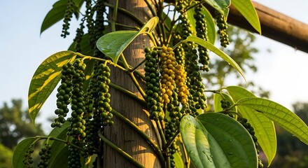 Vibrant Green Pepper Vine Growing on Wooden Support Outdoors