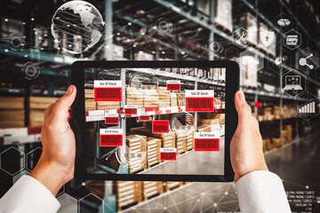Smart warehouse management system using augmented reality technology to identify package picking and delivery . Future concept of supply chain and logistic business .