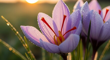 Delicate Saffron Crocus Flowers at Sunrise with Morning Dew