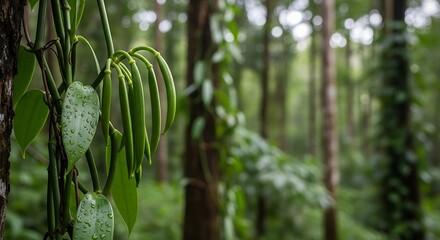 Growing Vanilla Orchid Pods on a Vine in a Lush Tropical Forest