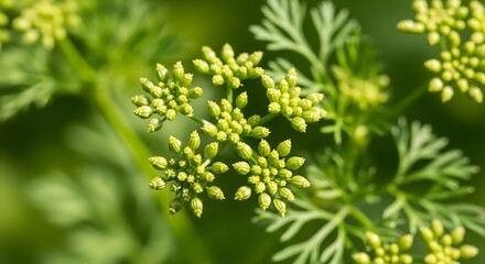 Macro Shot of Green Herb Umbel Flower Buds in Sunlight