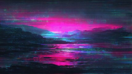 Glitch art landscape with neon pink and blue electronic effect