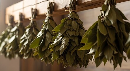 Bunches of Fresh Green Aromatic Leaves Hanging to Dry Indoors