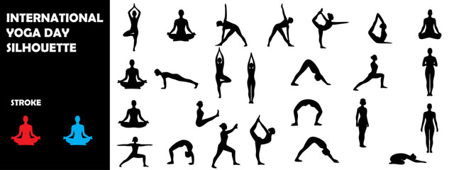 Naklejka premium International Yoga Day Silhouette Icon Set – Yoga Poses, Meditation & Wellness Vector