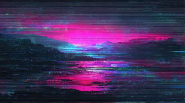 Glitch art landscape with neon pink and blue electronic effect