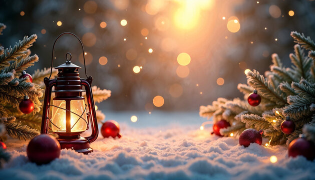 christmas lantern on the snow in a forest with sunset behind, snowflakes, christmas balls and fir branches on the sides, copy space, horizontal banner