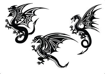 Fantasy dragon silhouette artwork, mythical creature design, flying dragon tattoo style, fantasy art illustration, cad drawing flat vector illustration