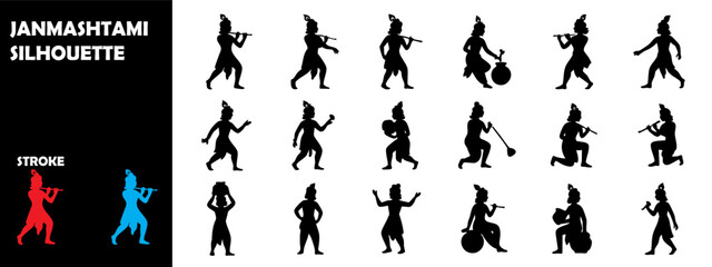 Naklejka premium Janmashtami Silhouette Icon Set – Krishna Birth, Matki Phod & Hindu Festival Vector