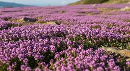 Vast Field of Tiny Purple Wildflowers Blooming in a Mountain Landscape