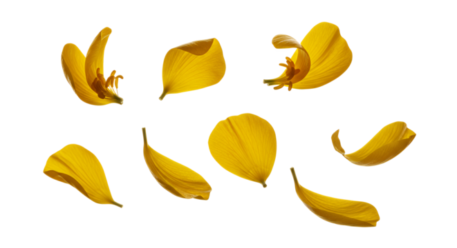 Scattered Yellow Flower Petals Against a Bright White Background