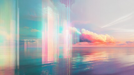 Glitch art seascape at sunset creating pastel colors