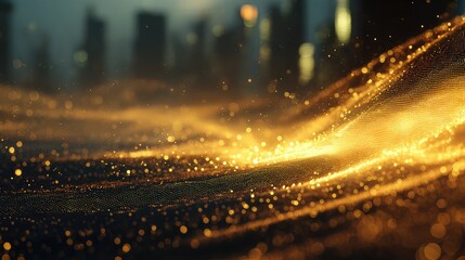 Golden particles forming abstract wave pattern over city bokeh